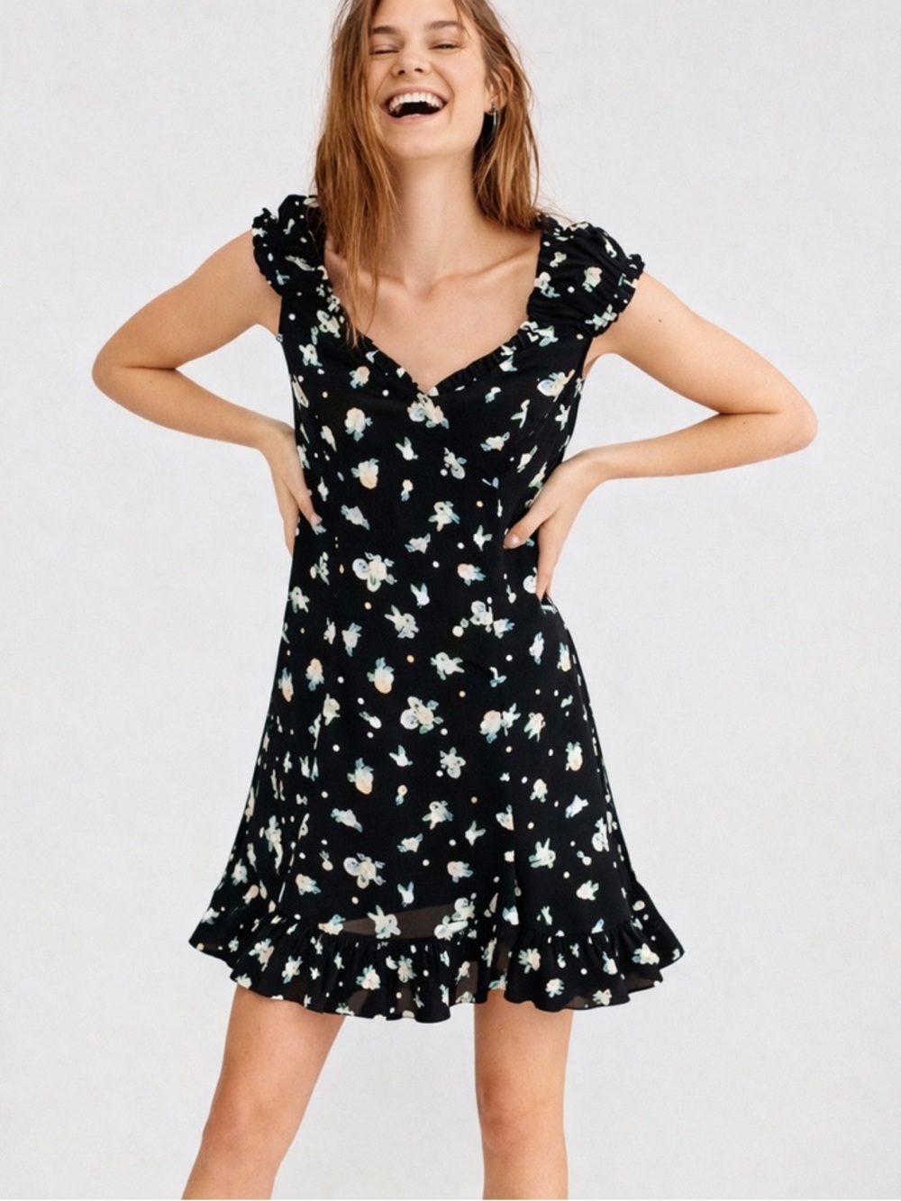 FREE PEOPLE Like a Lady Mini Dress Black Combo Floral Polka Dot XS